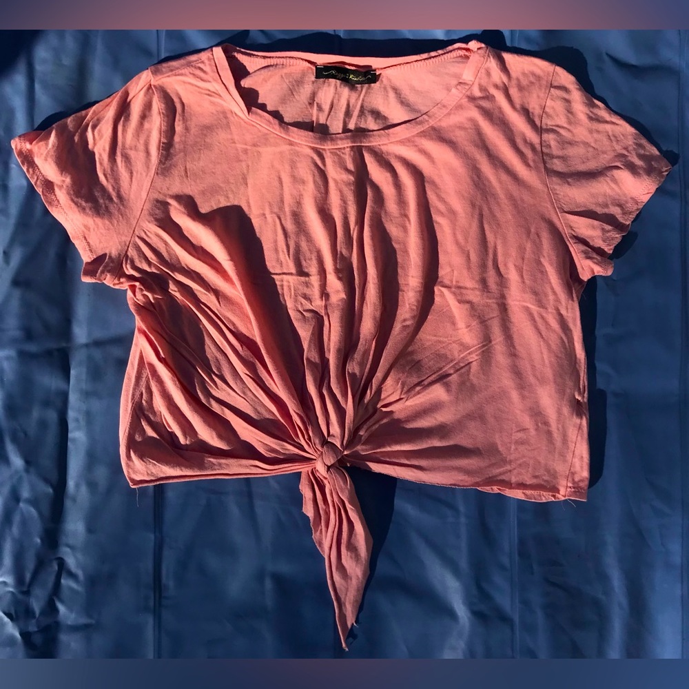 NWOT Raggs II Riches Cream Pink Tie-Front Oversized Crop Tee - XL